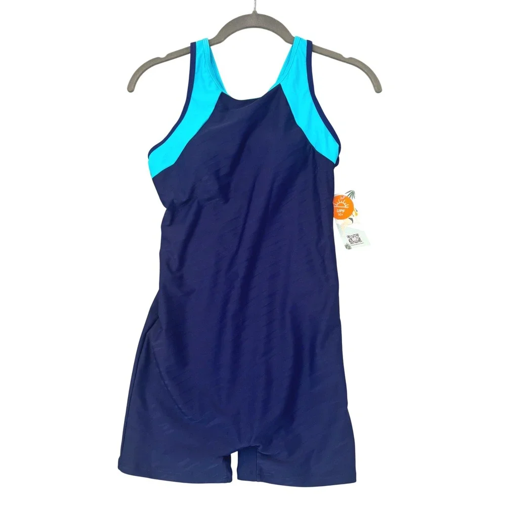 New Girls 14 Navy Blue Boyleg One Piece Swimsuit UPF 50+ Sun Protection